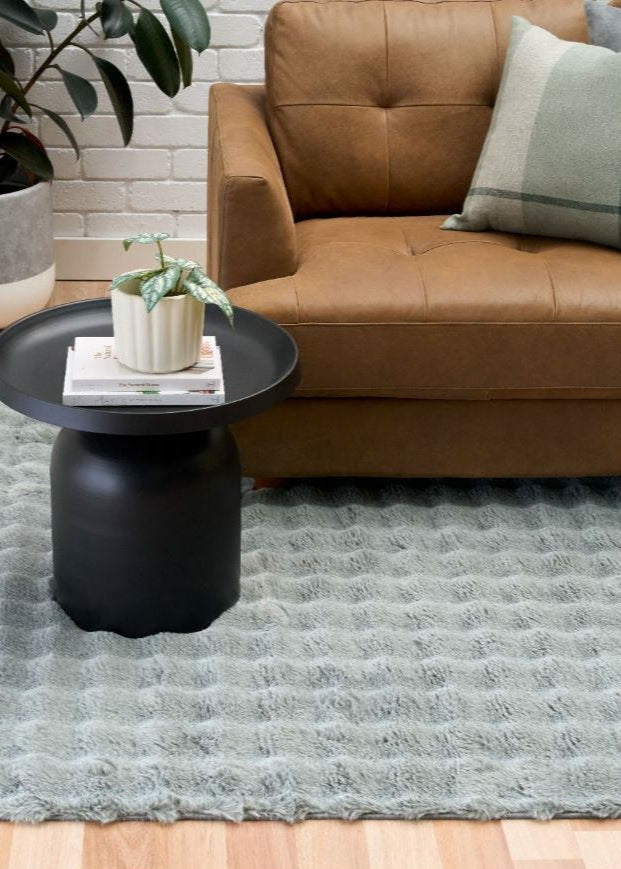 Living room with a brown sofa, black side table, and gray rug.