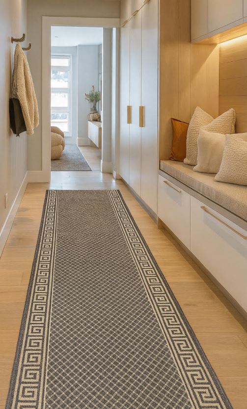 Xena Greek Key Taupe Linen Hall Runner Non-Slip 67cm Wide