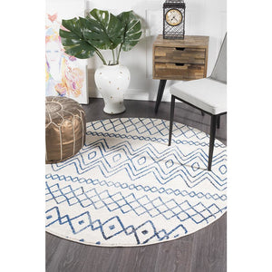 Oasis Nadia White Blue Rustic Tribal Round Rug